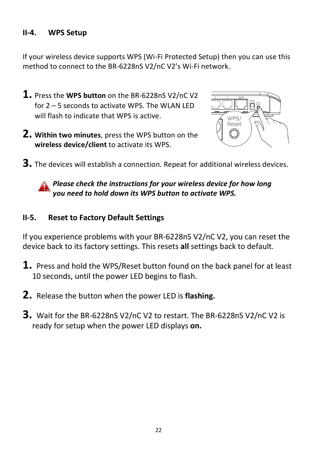 Edimax Technology BR-6228NC V2 manual II‐4. WPS Setup, II‐5. Reset to Factory Default Settings 