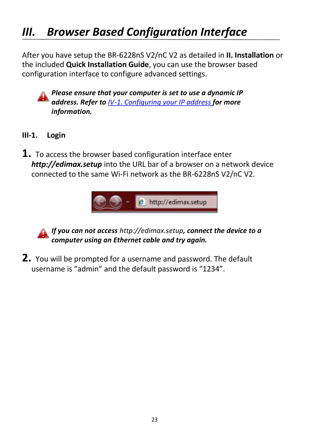 Edimax Technology BR-6228NC V2 manual III. Browser Based Configuration Interface, III‐1. Login 