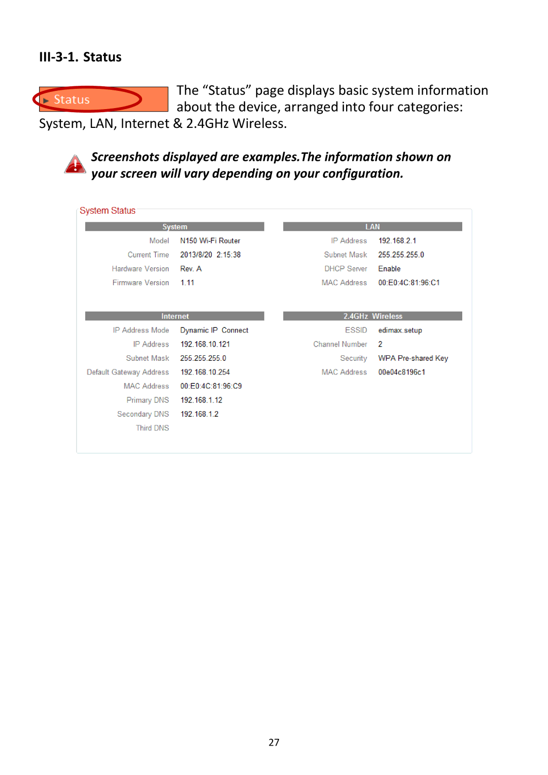 Edimax Technology BR-6228NC V2 manual III‐3‐1. Status 