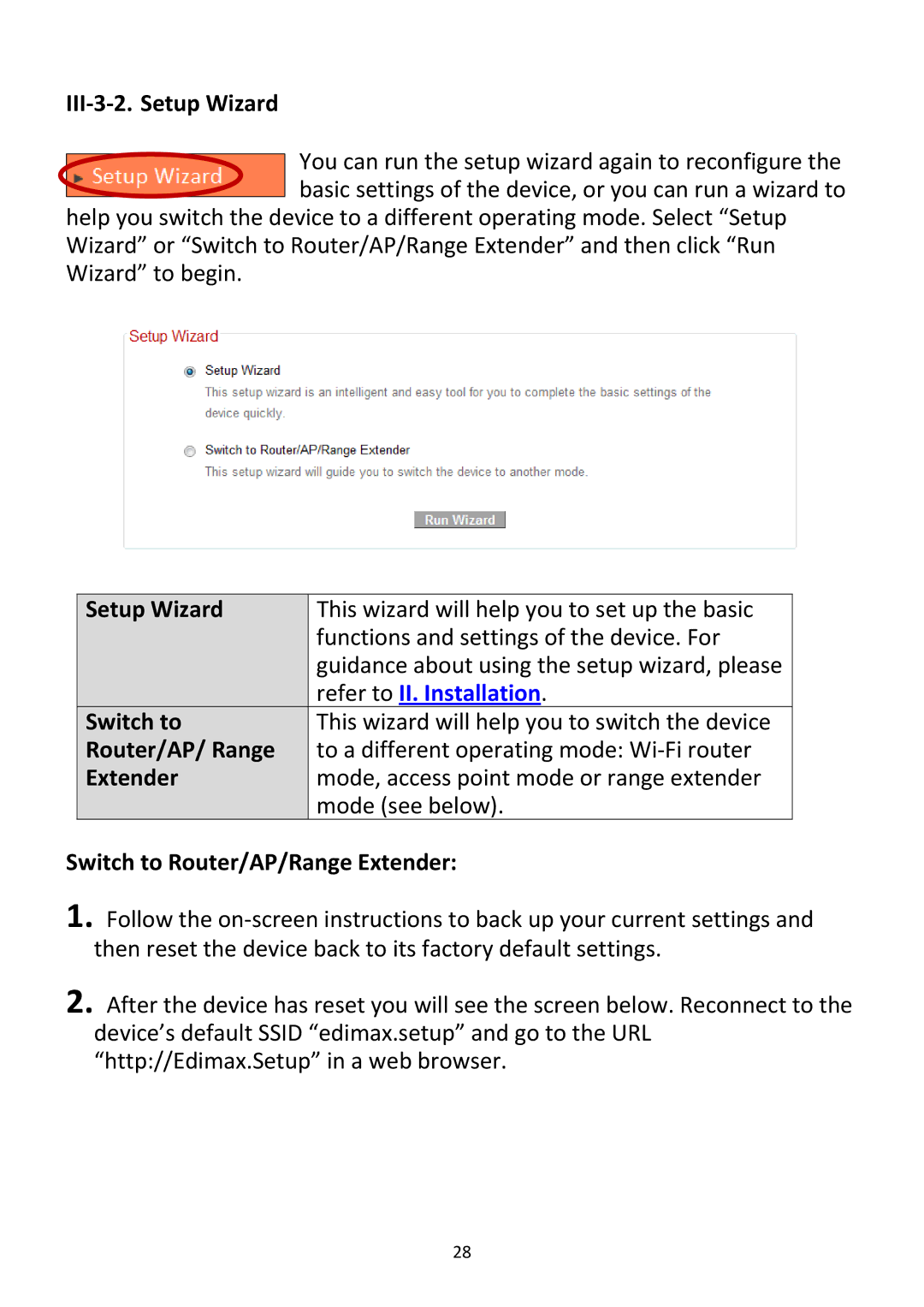 Edimax Technology BR-6228NC V2 manual III‐3‐2. Setup Wizard, Switch to, Router/AP/ Range, Extender 
