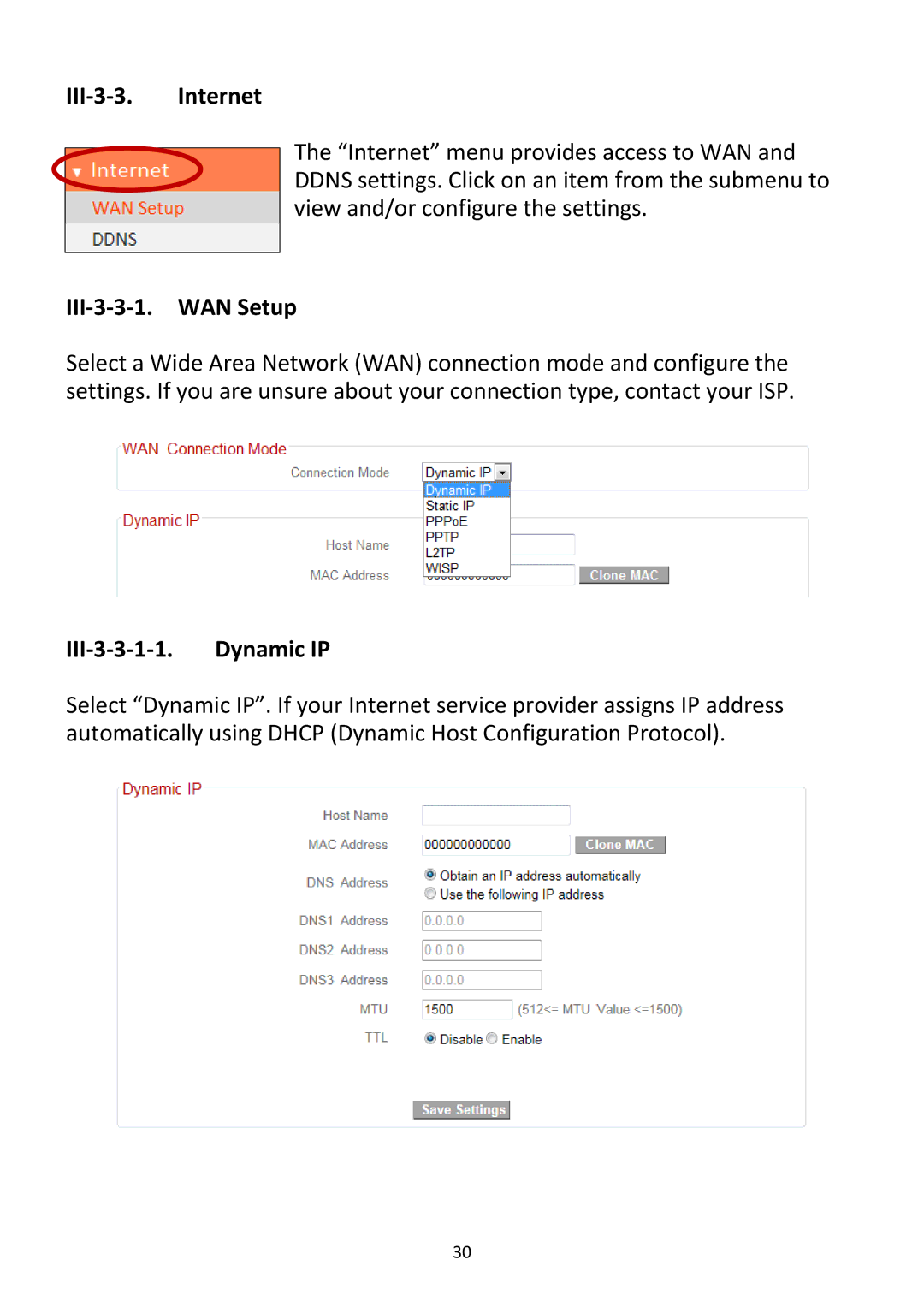 Edimax Technology BR-6228NC V2 manual III‐3‐3. Internet, III‐3‐3‐1. WAN Setup, III‐3‐3‐1‐1. Dynamic IP 