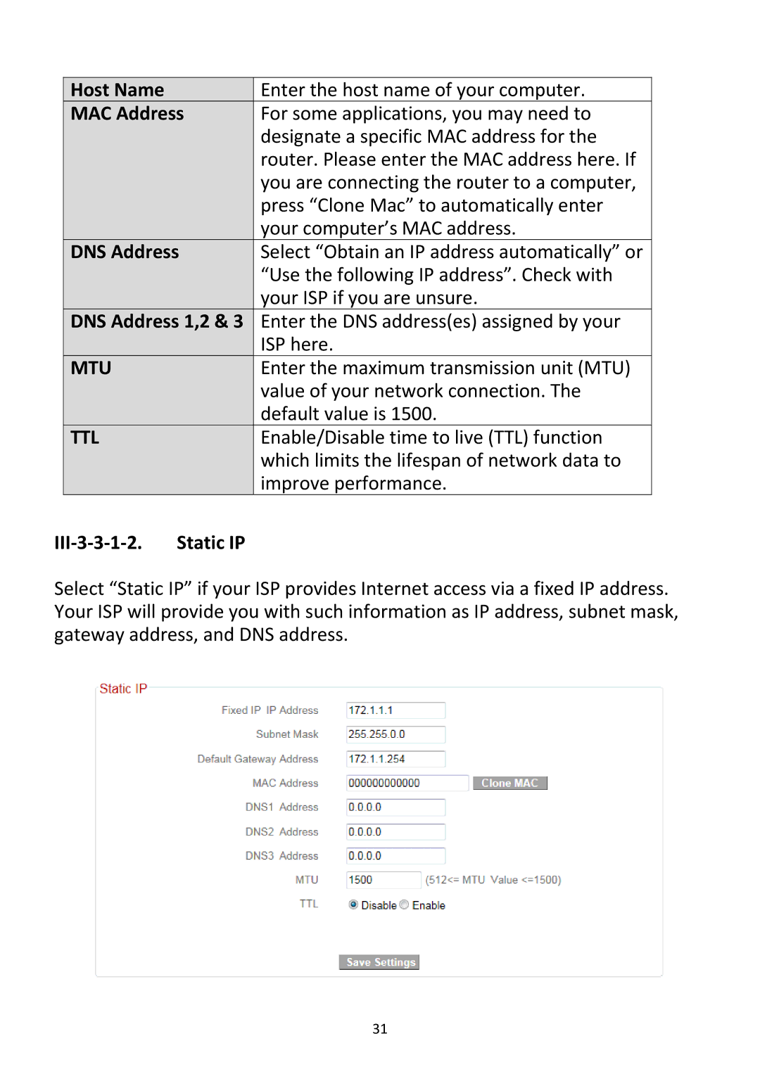 Edimax Technology BR-6228NC V2 manual Host Name, MAC Address, DNS Address 1,2, III‐3‐3‐1‐2 Static IP 