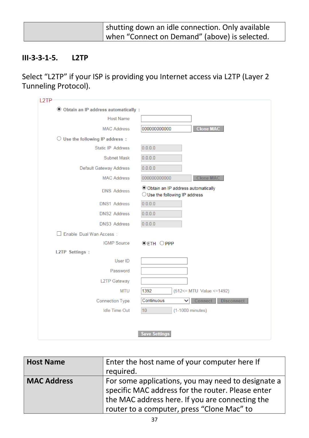 Edimax Technology BR-6228NC V2 manual III‐3‐3‐1‐5. L2TP, Host Name MAC Address 