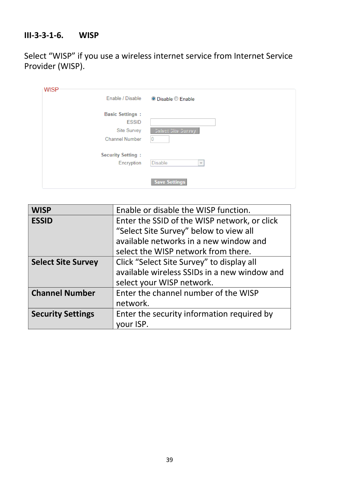 Edimax Technology BR-6228NC V2 manual III‐3‐3‐1‐6. Wisp, Select Site Survey, Channel Number, Security Settings 