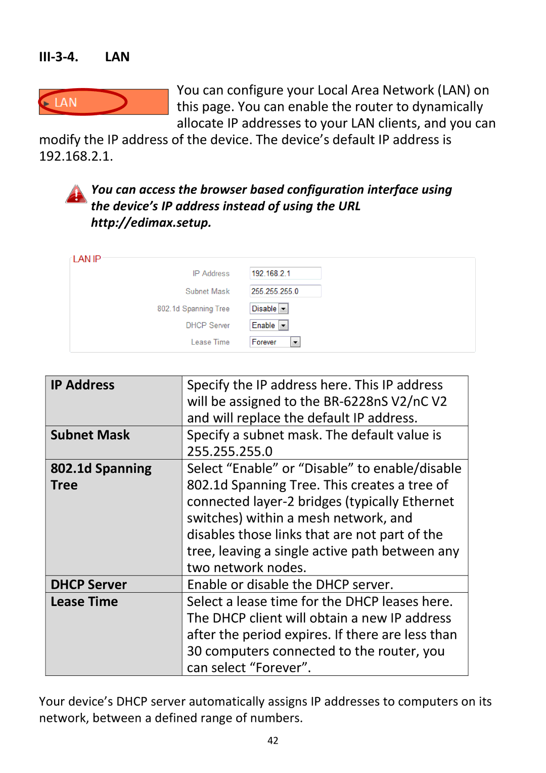 Edimax Technology BR-6228NC V2 manual III‐3‐4. LAN, IP Address, 802.1d Spanning, Tree, Dhcp Server, Lease Time 