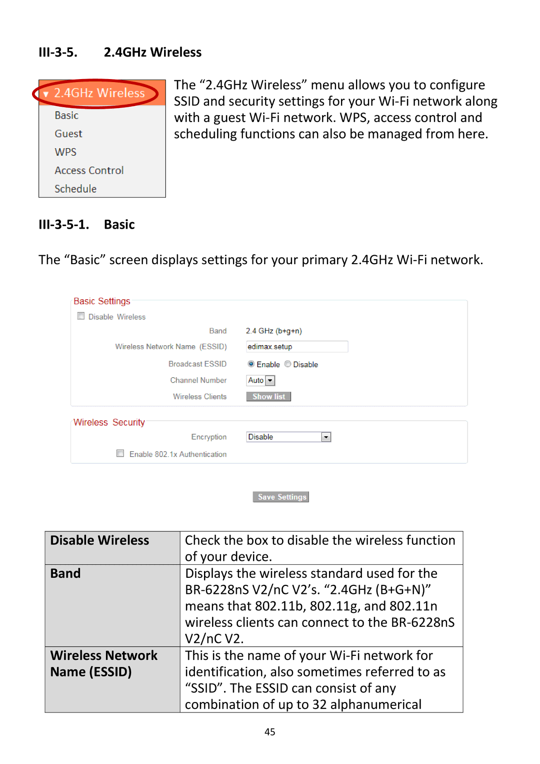 Edimax Technology BR-6228NC V2 manual III‐3‐5 .4GHz Wireless, III‐3‐5‐1. Basic, Disable Wireless, Band, Wireless Network 