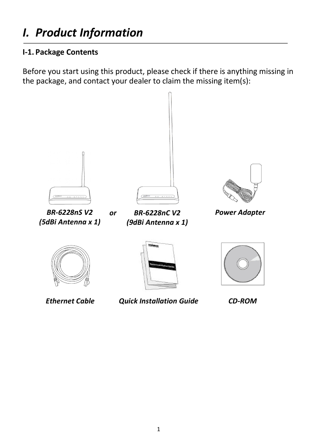 Edimax Technology BR-6228NC V2 manual Product Information, ‐1. Package Contents 