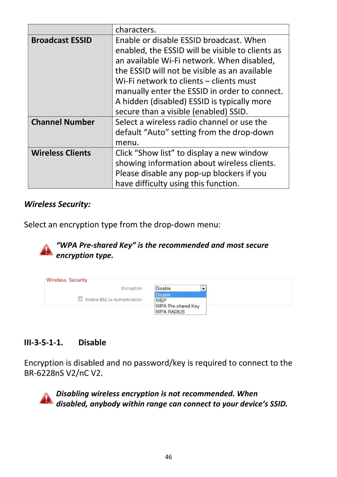 Edimax Technology BR-6228NC V2 manual Broadcast Essid, Wireless Clients, III‐3‐5‐1‐1. Disable 