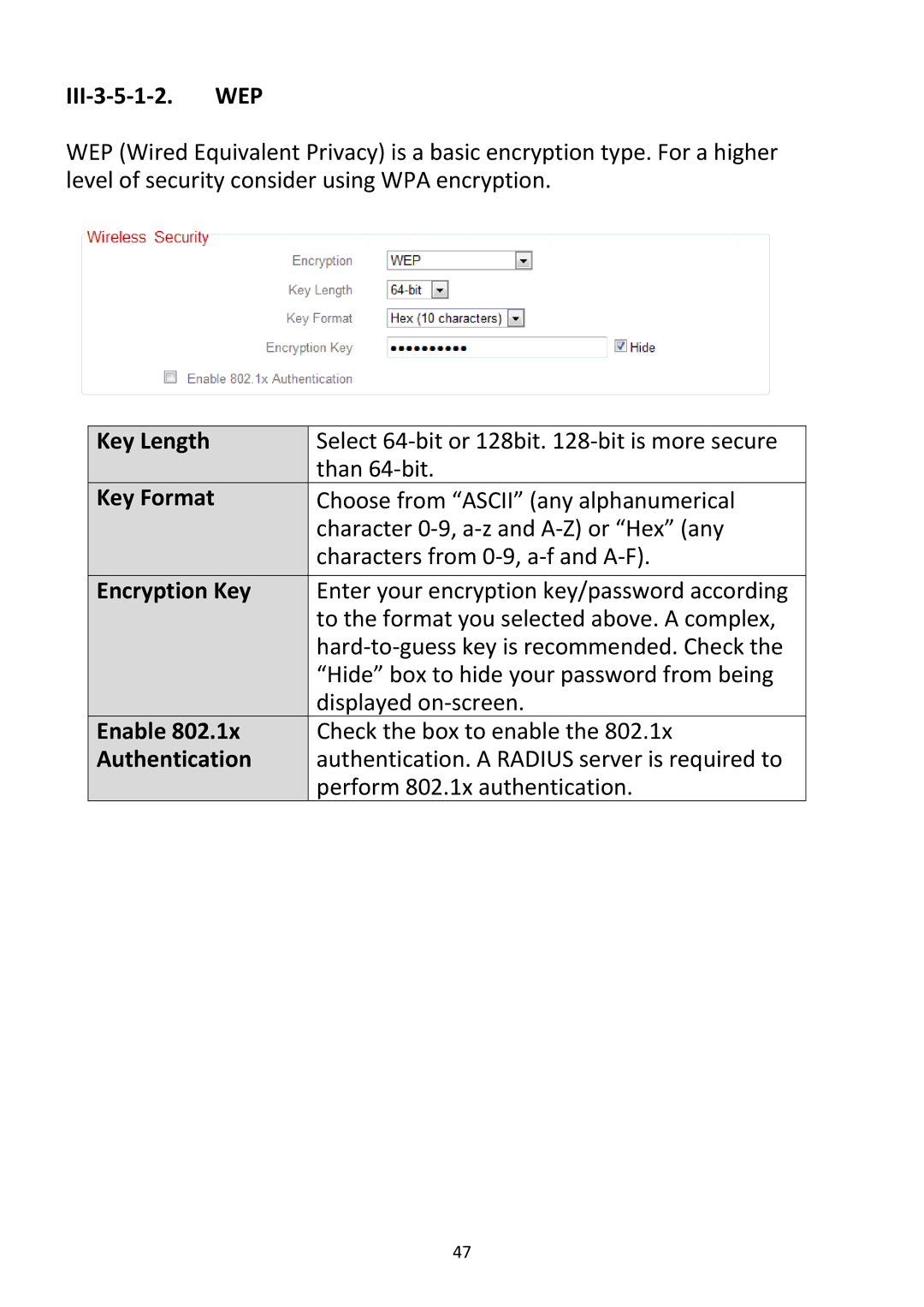 Edimax Technology BR-6228NC V2 manual III‐3‐5‐1‐2. WEP, Key Length, Key Format, Encryption Key, Enable, Authentication 