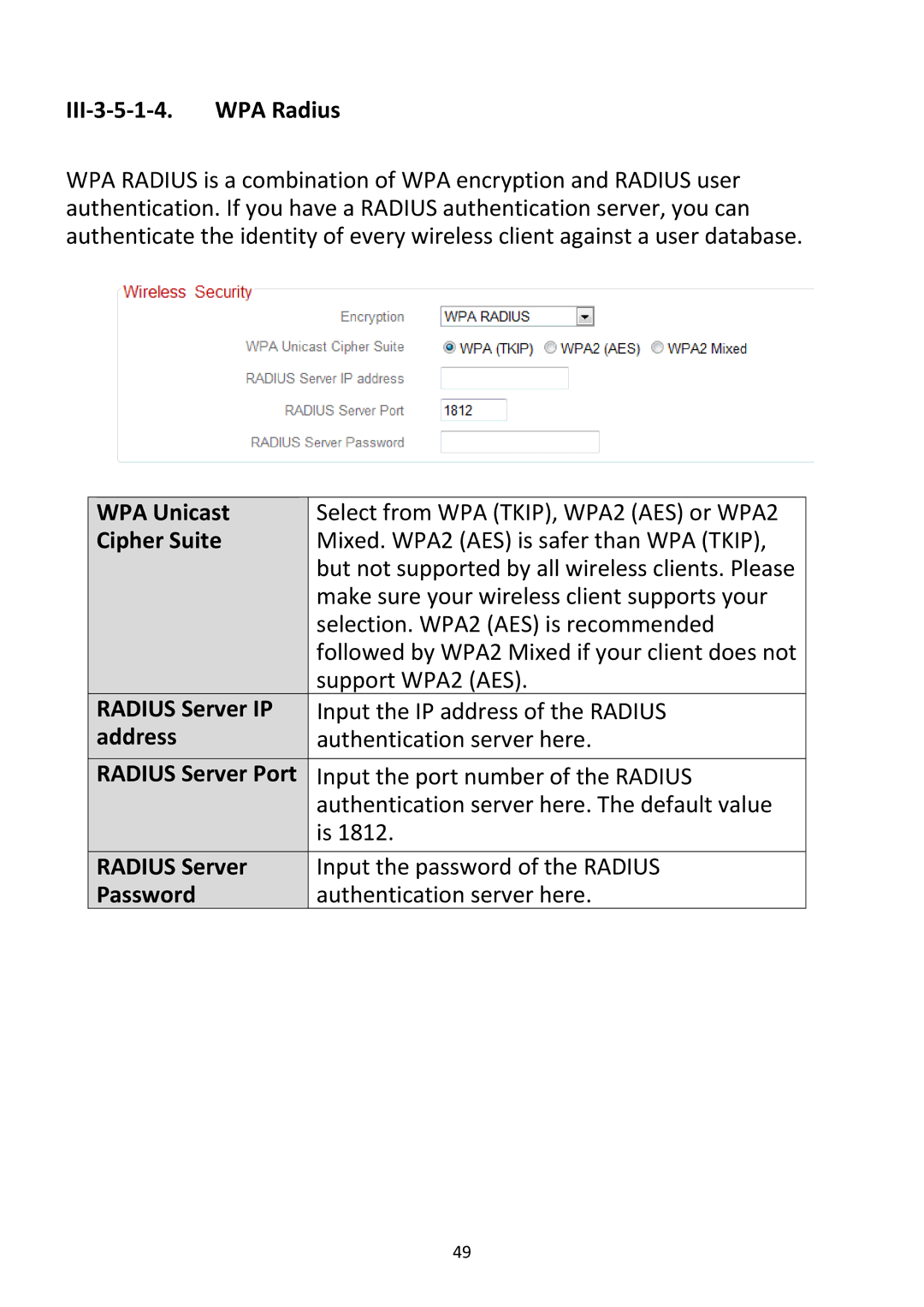 Edimax Technology BR-6228NC V2 manual III‐3‐5‐1‐4. WPA Radius, Radius Server IP, Radius Server Port 