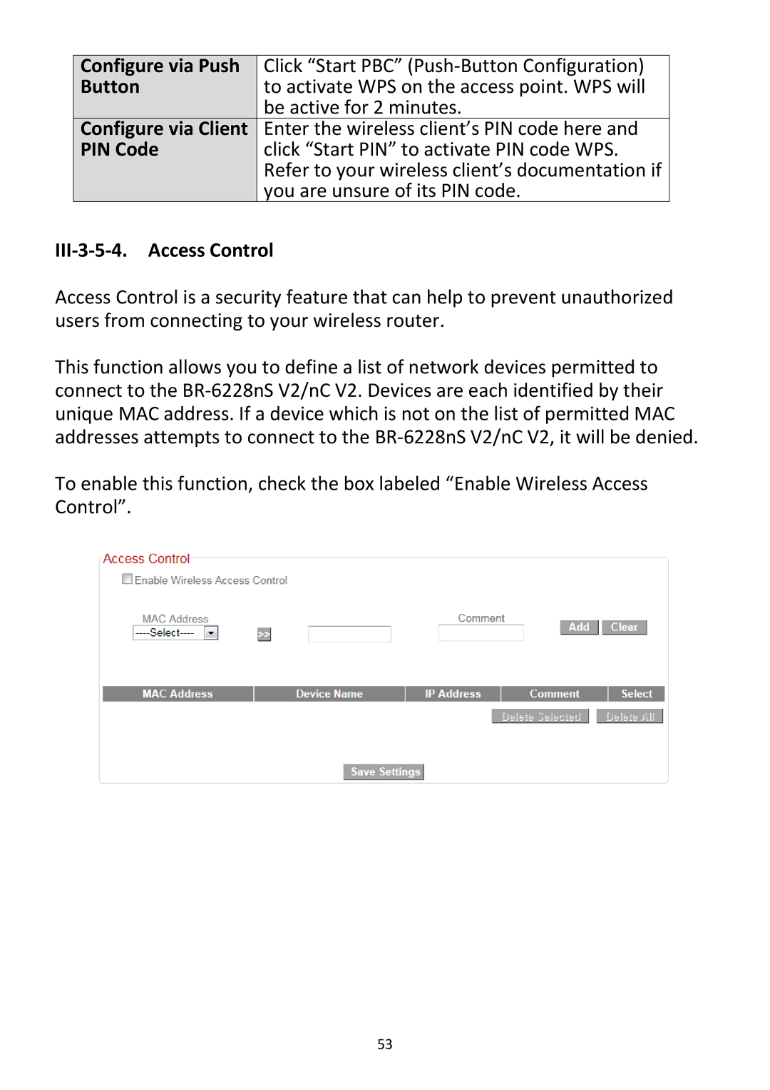 Edimax Technology BR-6228NC V2 manual Configure via Push, Button, Configure via Client, PIN Code, III‐3‐5‐4. Access Control 