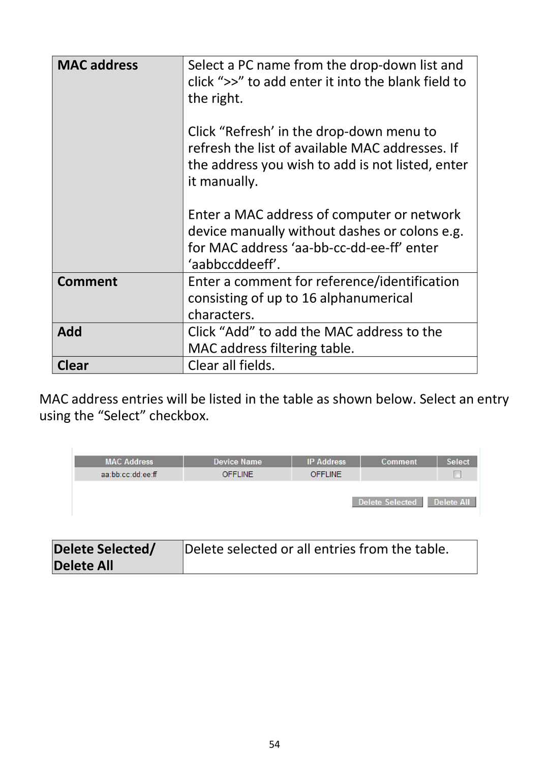 Edimax Technology BR-6228NC V2 manual Comment, Delete Selected/ Delete All 