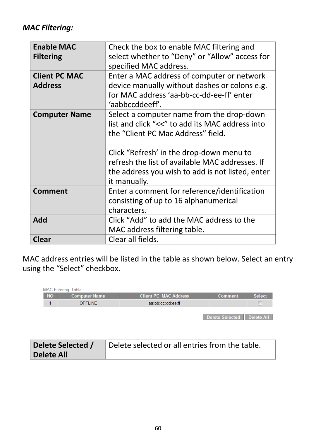 Edimax Technology BR-6228NC V2 manual Enable MAC, Filtering, Client PC MAC, Computer Name 