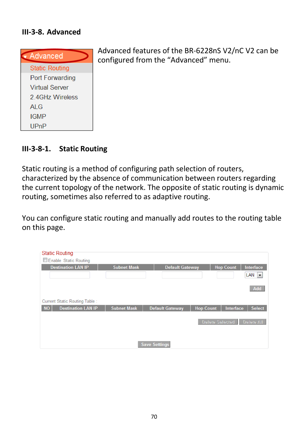 Edimax Technology BR-6228NC V2 manual III‐3‐8. Advanced, III‐3‐8‐1. Static Routing 