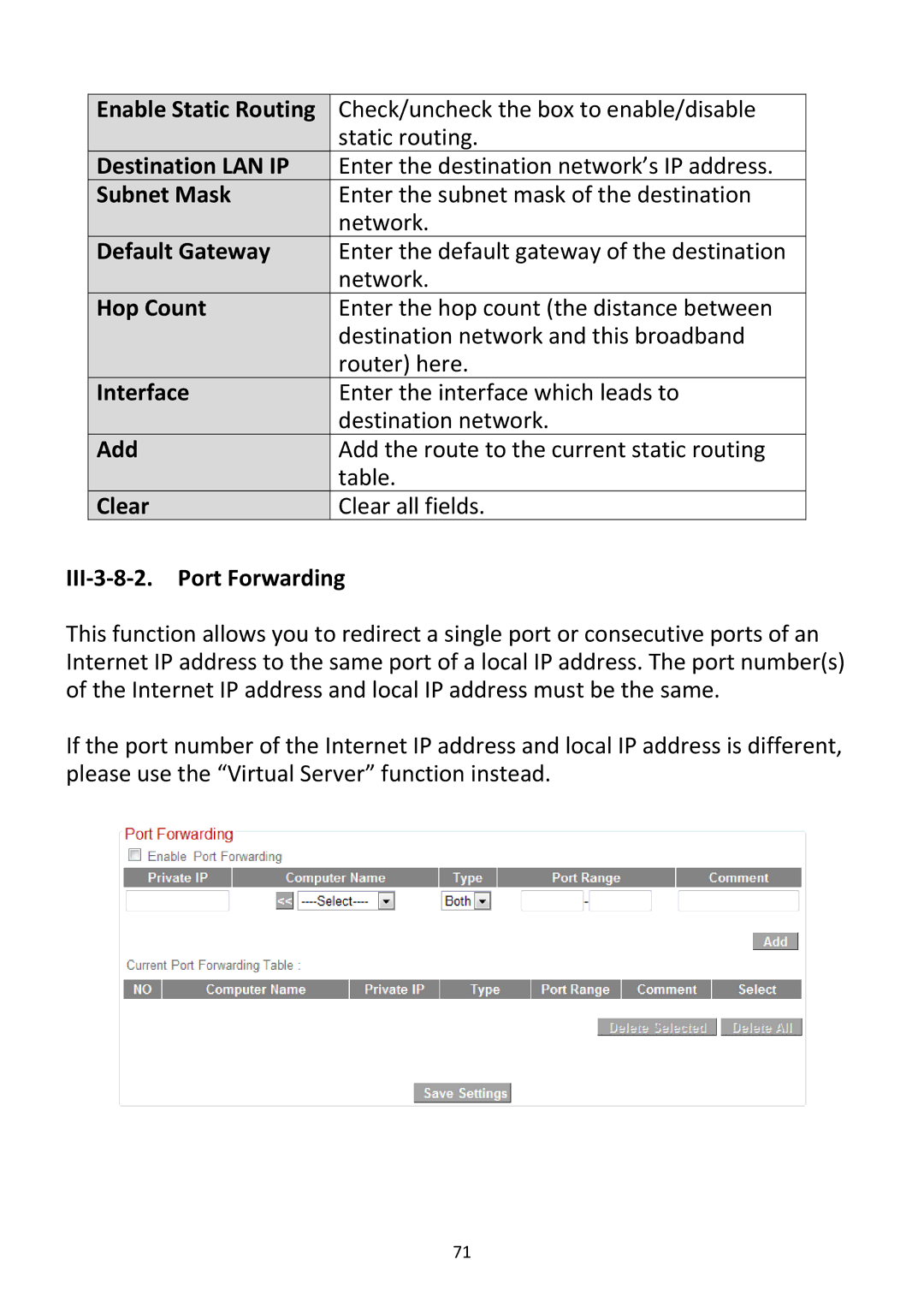 Edimax Technology BR-6228NC V2 Enable Static Routing, Destination LAN IP, Hop Count, Interface, III‐3‐8‐2. Port Forwarding 