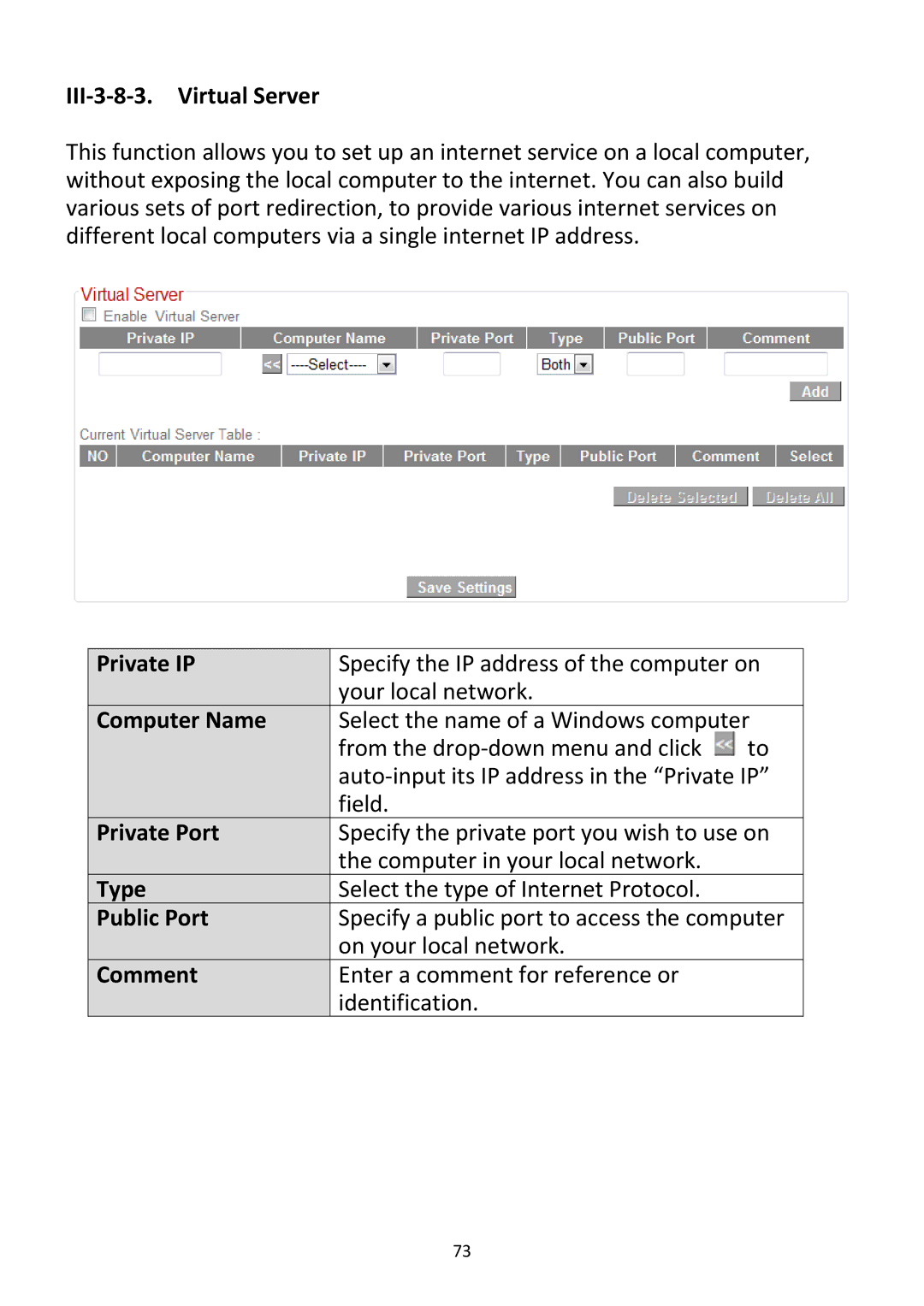 Edimax Technology BR-6228NC V2 manual III‐3‐8‐3. Virtual Server, Private Port, Public Port 