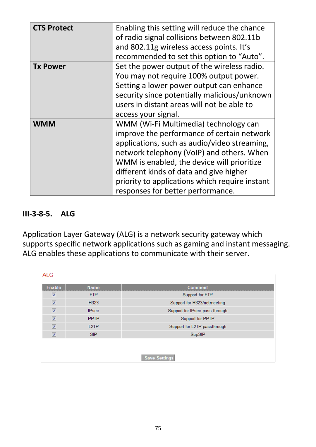 Edimax Technology BR-6228NC V2 manual CTS Protect, Tx Power, III‐3‐8‐5. ALG 