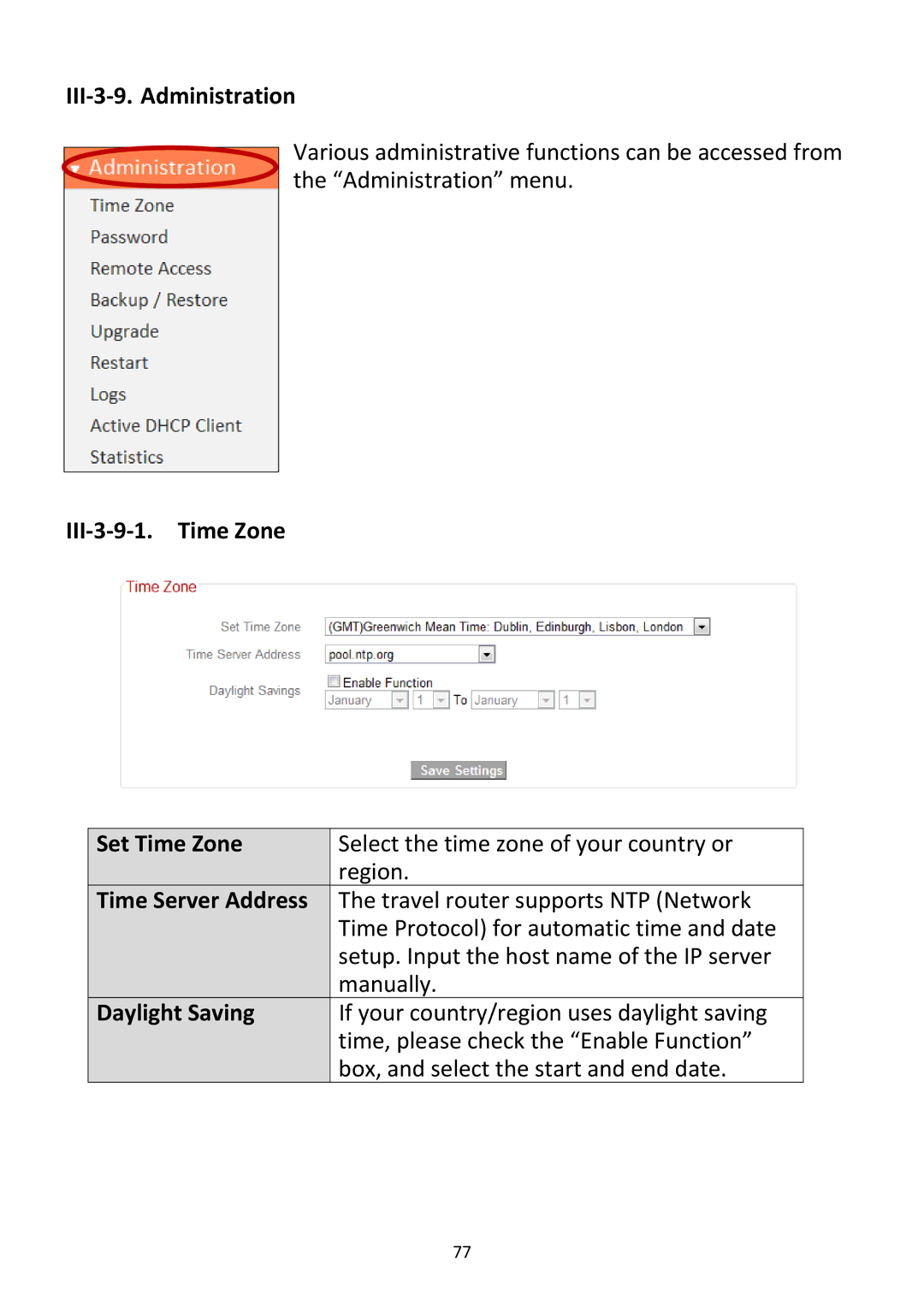 Edimax Technology BR-6228NC V2 manual III‐3‐9. Administration, III‐3‐9‐1. Time Zone Set Time Zone, Time Server Address 