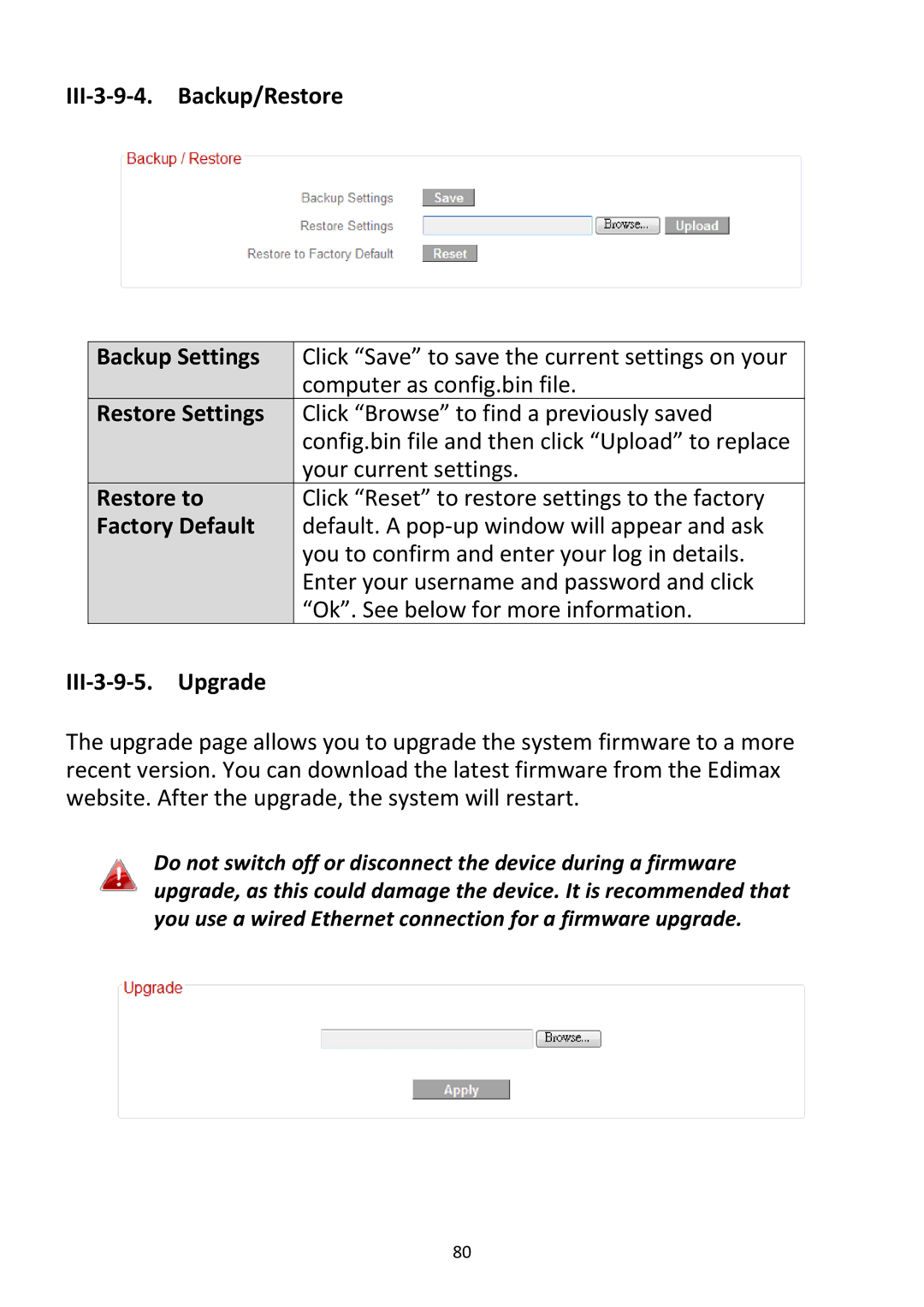 Edimax Technology BR-6228NC V2 III‐3‐9‐4. Backup/Restore Backup Settings, Restore Settings, Restore to, Factory Default 