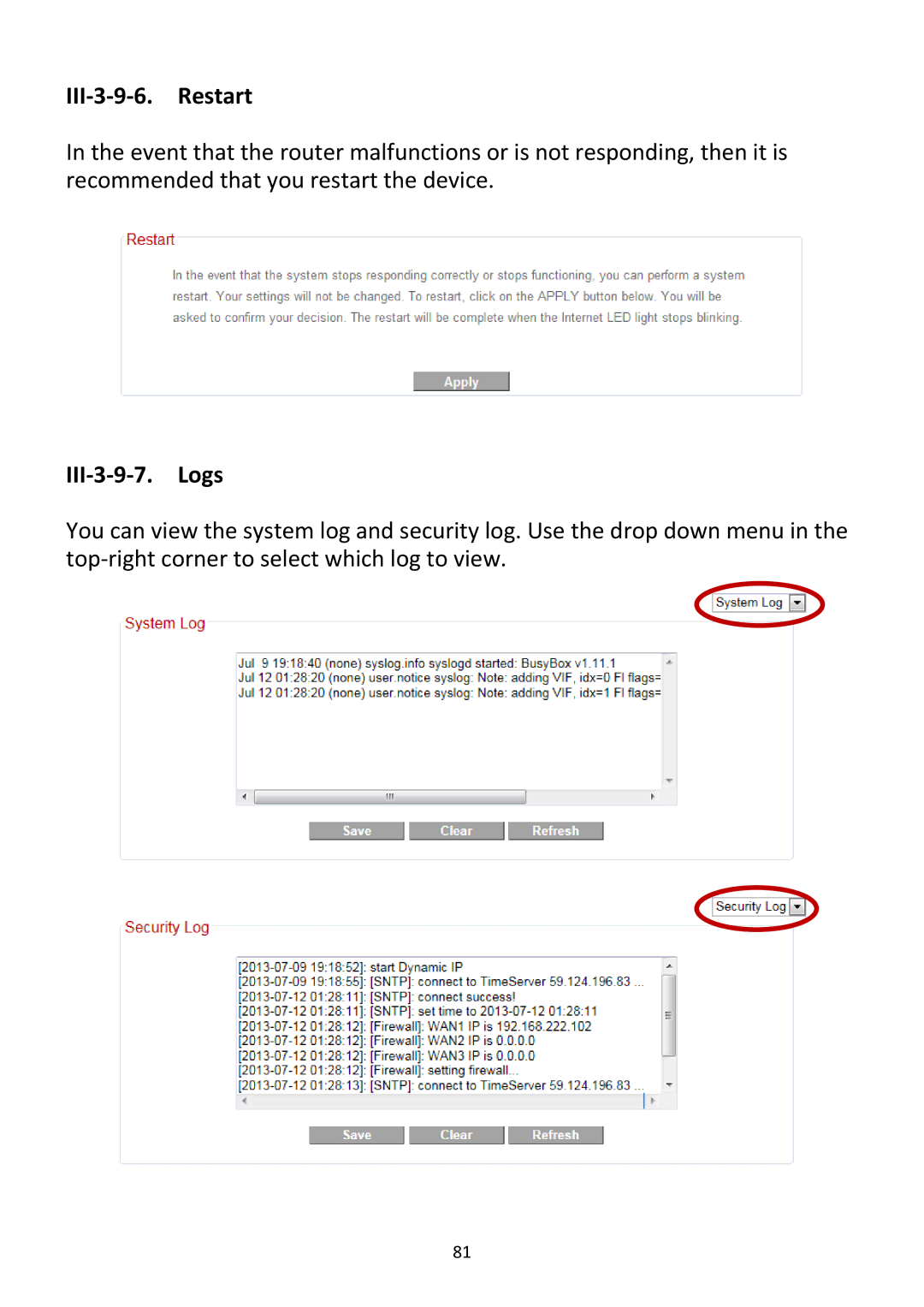 Edimax Technology BR-6228NC V2 manual III‐3‐9‐6. Restart, III‐3‐9‐7. Logs 