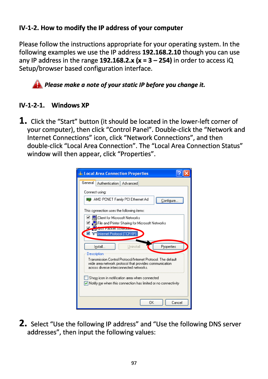 Edimax Technology BR-6228NC V2 manual IV‐1‐2. How to modify the IP address of your computer, IV‐1‐2‐1. Windows XP 