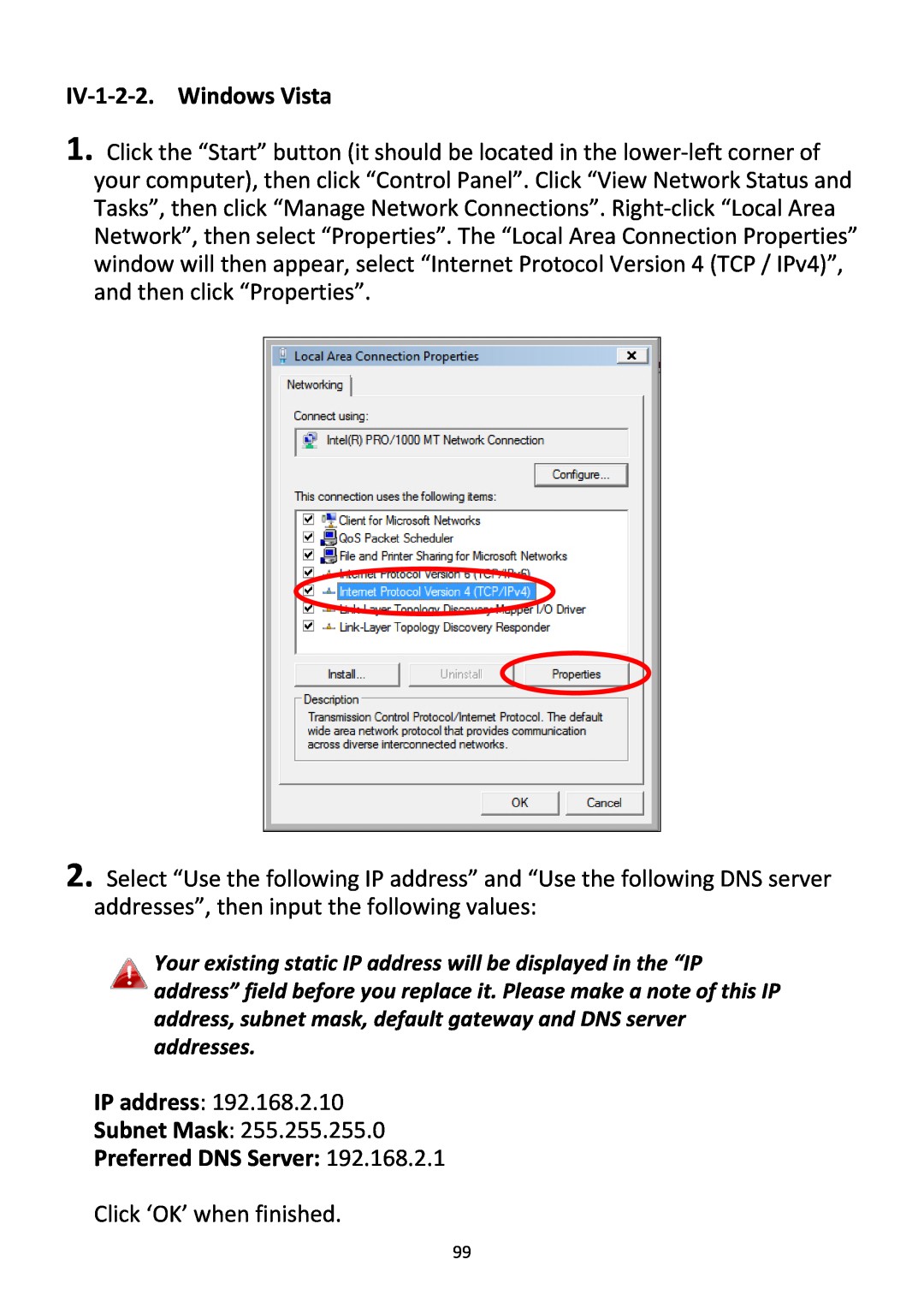 Edimax Technology BR-6228NC V2 manual IV‐1‐2‐2. Windows Vista, Preferred DNS Server 