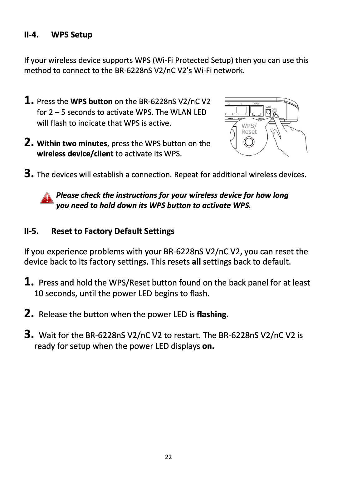 Edimax Technology BR-6228NC V2 manual II‐4. WPS Setup, II‐5. Reset to Factory Default Settings 