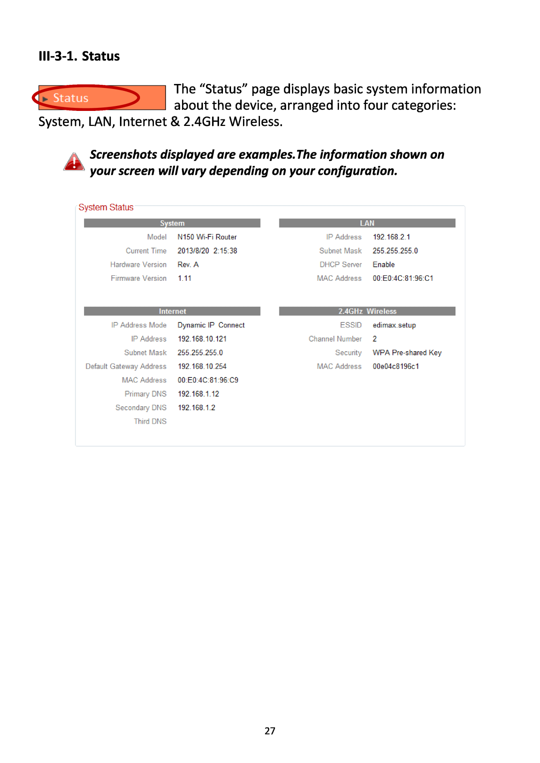 Edimax Technology BR-6228NC V2 manual III‐3‐1. Status, System, LAN, Internet & 2.4GHz Wireless 