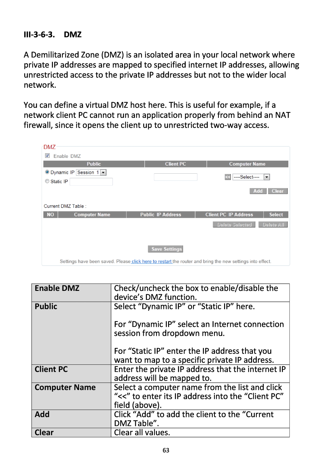 Edimax Technology BR-6228NC V2 manual III‐3‐6‐3. DMZ, Enable DMZ, Public, Client PC, Computer Name, Clear 