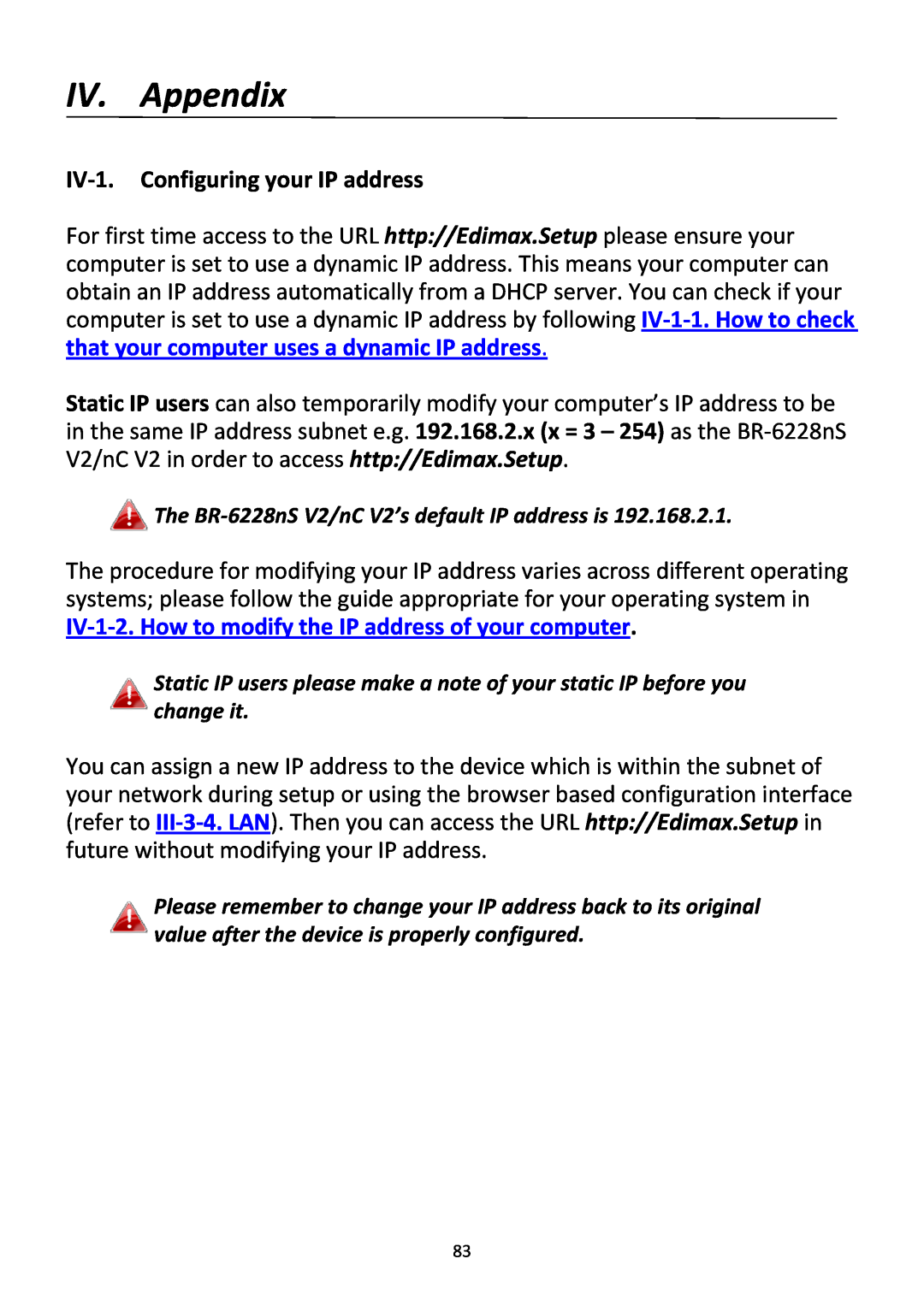 Edimax Technology BR-6228NC V2 manual IV. Appendix, IV‐1. Configuring your IP address 