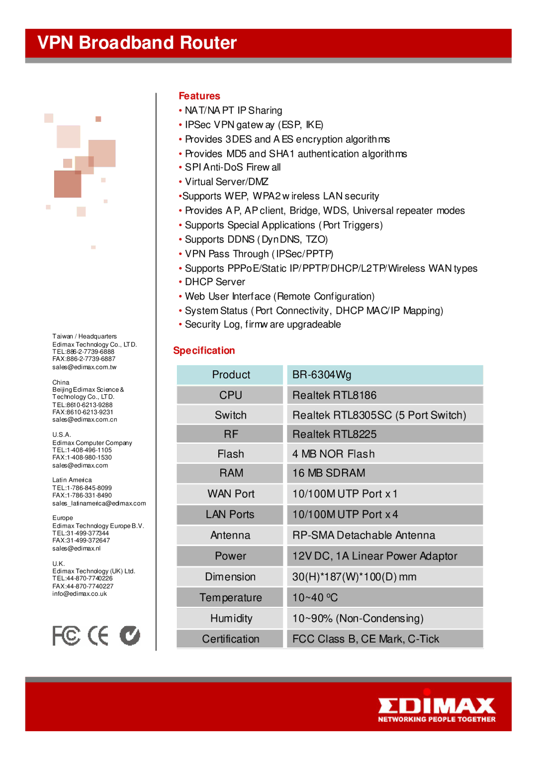 Edimax Technology BR-6304Wg manual Features, Specification 