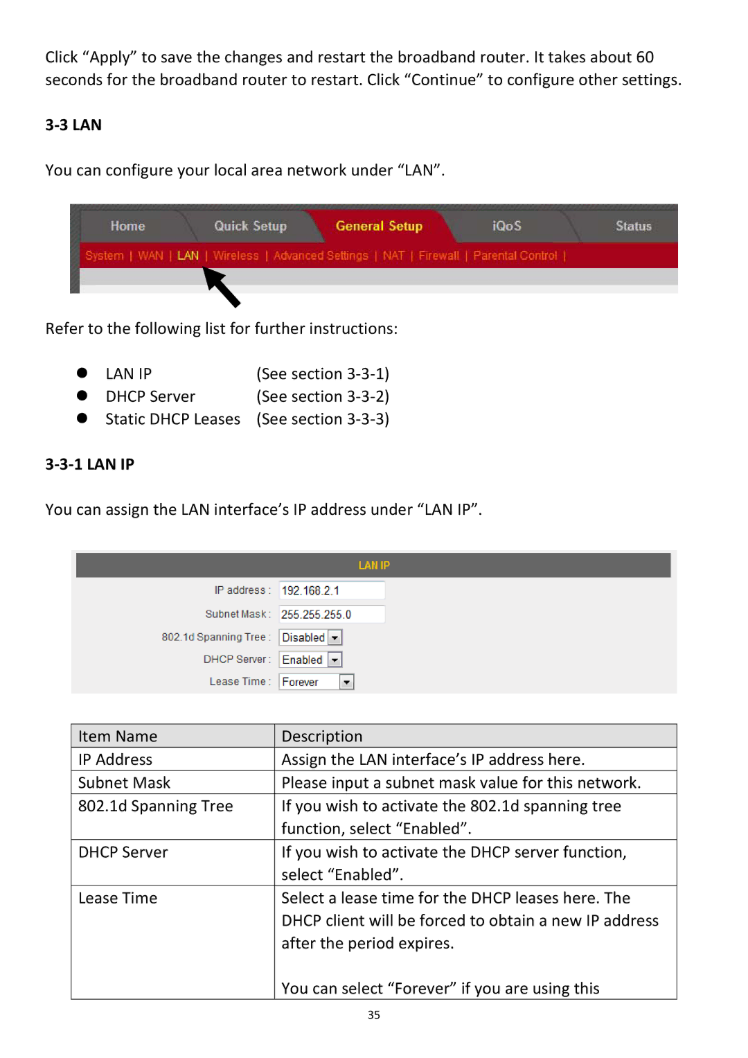 Edimax Technology BR-6478Gn user manual ‐3 LAN, ‐3‐1 LAN IP 