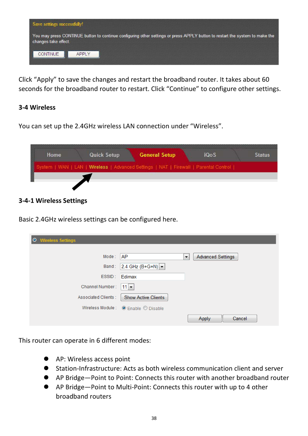 Edimax Technology BR-6478Gn user manual ‐4 Wireless, ‐4‐1 Wireless Settings 