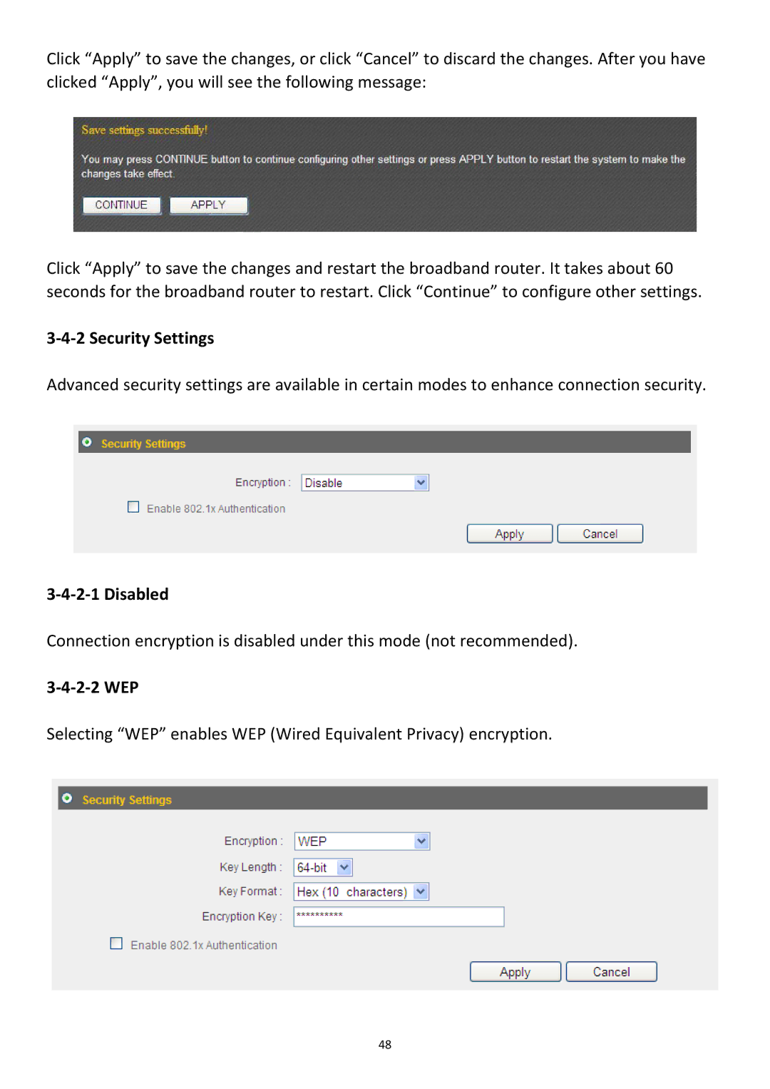 Edimax Technology BR-6478Gn user manual ‐4‐2 Security Settings, ‐4‐2‐1 Disabled, ‐4‐2‐2 WEP 