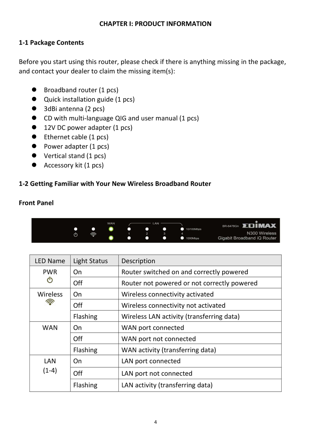 Edimax Technology BR-6478Gn user manual Chapter I Product Information, ‐1 Package Contents 