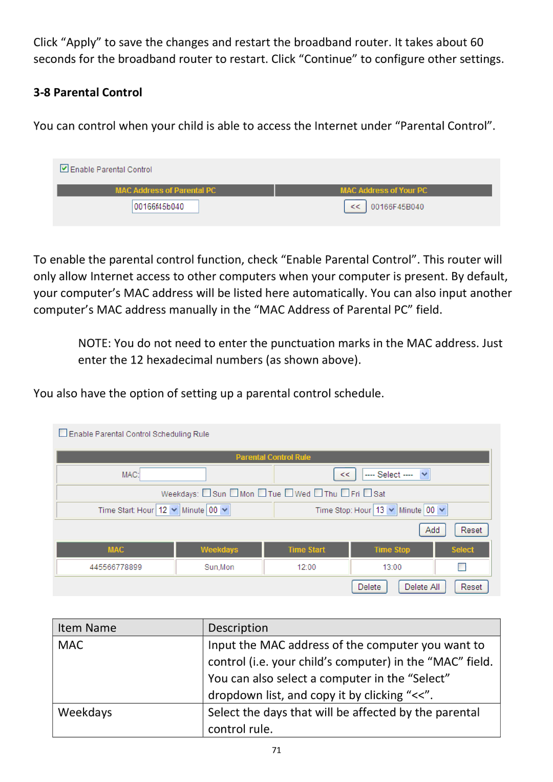 Edimax Technology BR-6478Gn user manual ‐8 Parental Control, Mac 