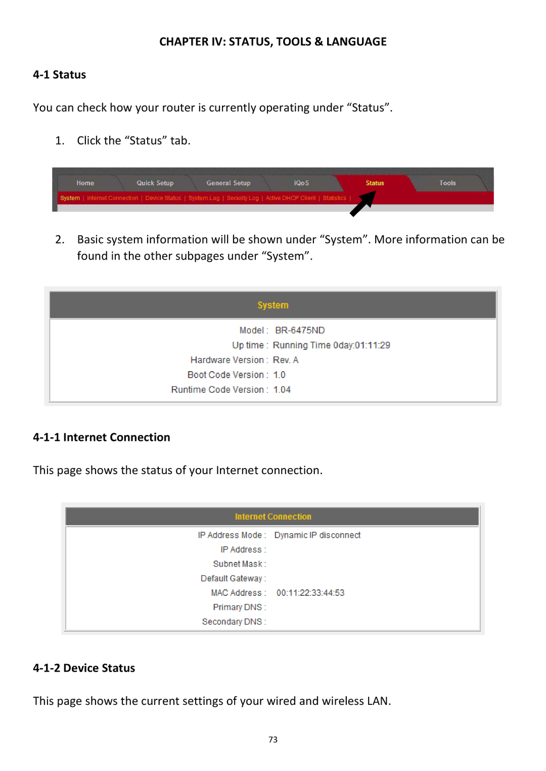 Edimax Technology BR-6478Gn user manual ‐1 Status, ‐1‐1 Internet Connection, ‐1‐2 Device Status 