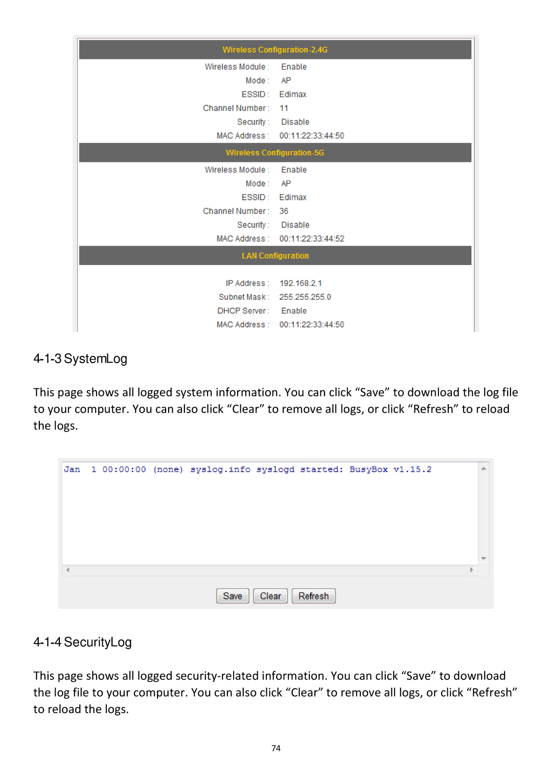 Edimax Technology BR-6478Gn user manual ‐1‐3 System Log, ‐1‐4 Security Log 