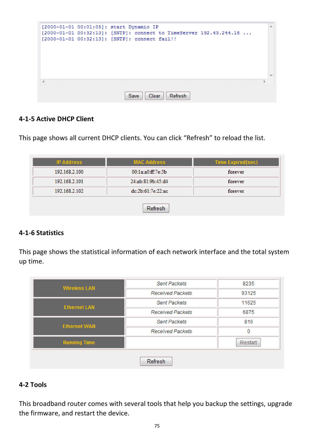 Edimax Technology BR-6478Gn user manual ‐1‐5 Active Dhcp Client, ‐1‐6 Statistics, ‐2 Tools 