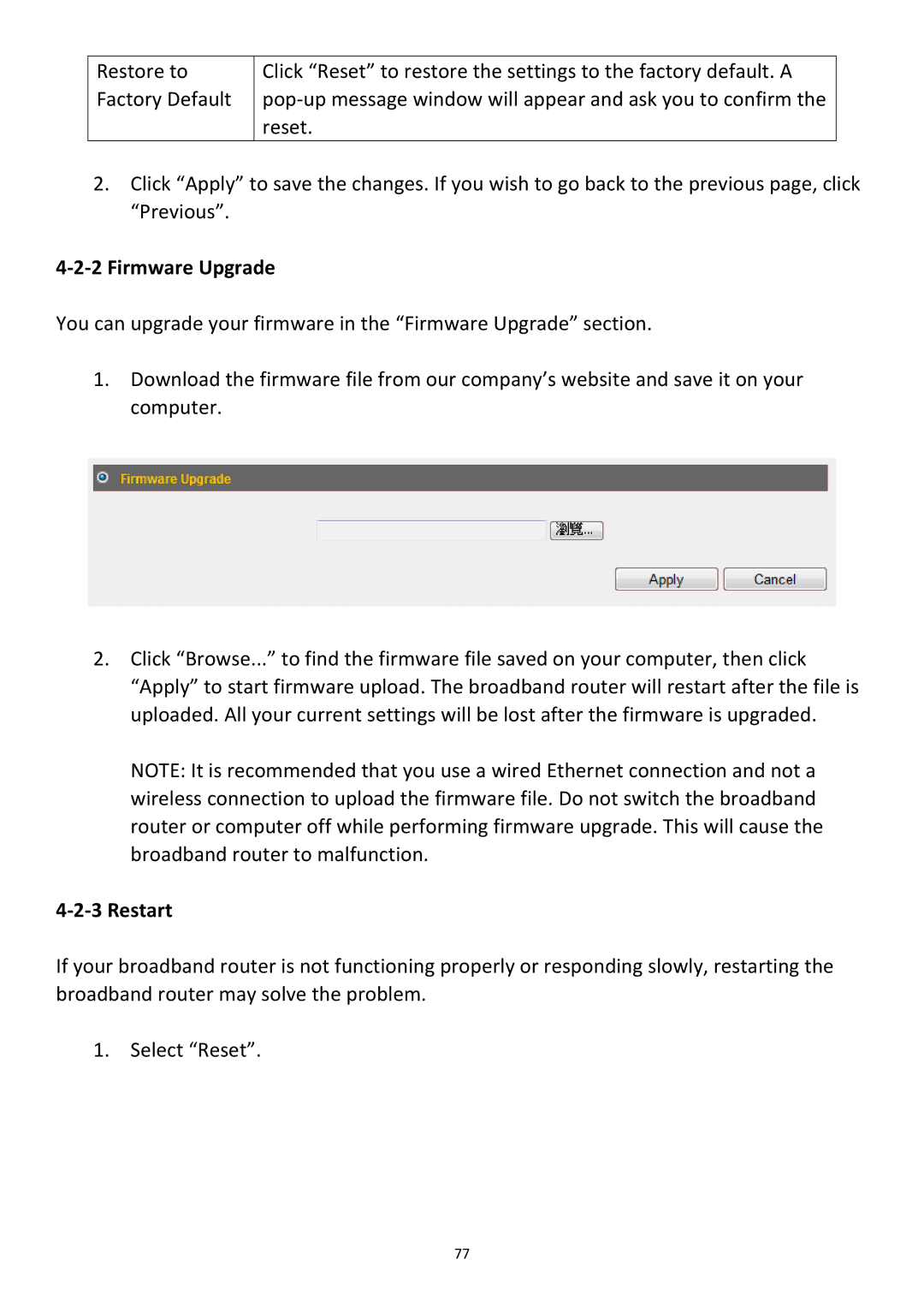 Edimax Technology BR-6478Gn user manual ‐2‐2 Firmware Upgrade, ‐2‐3 Restart 