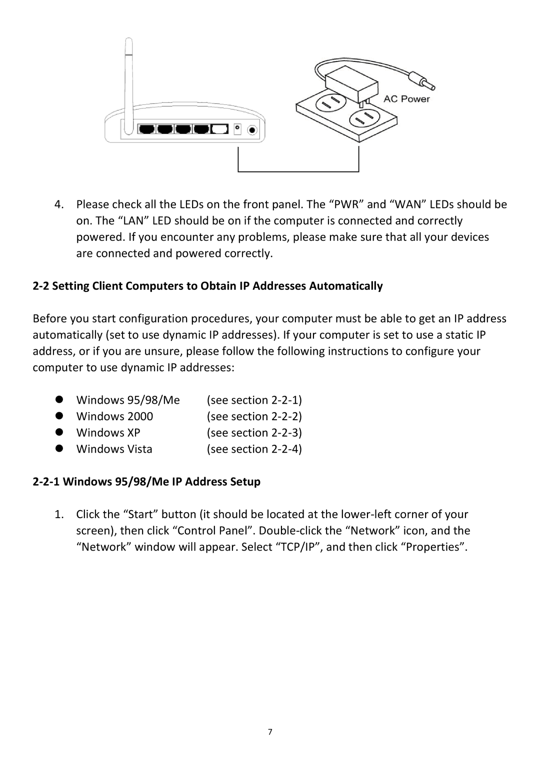 Edimax Technology BR-6478Gn user manual ‐2‐1 Windows 95/98/Me IP Address Setup 