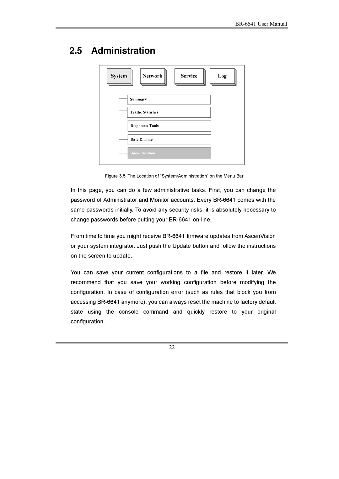 Edimax Technology BR-6641 user manual Location of System/Administration on the Menu Bar 