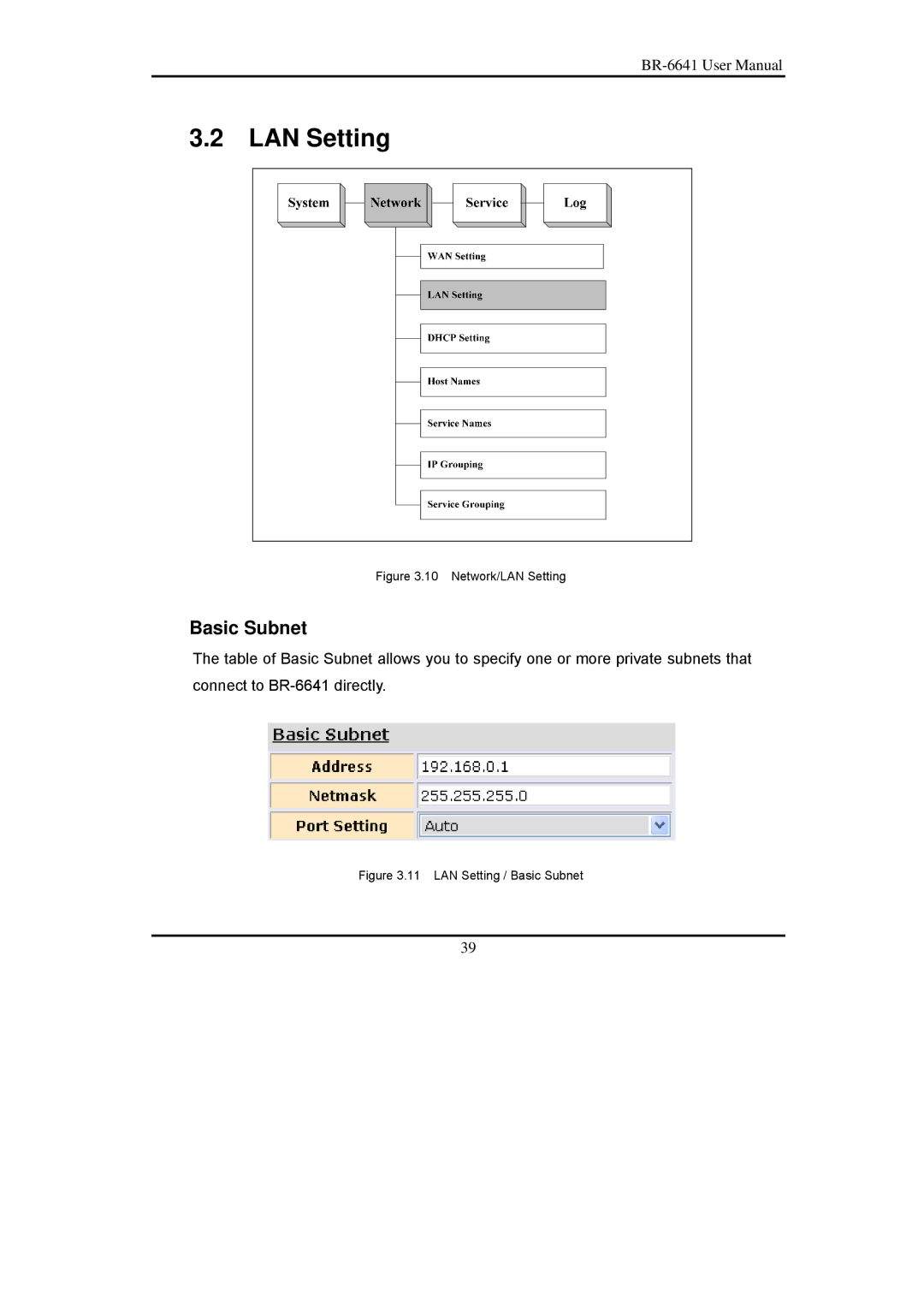 Edimax Technology BR-6641 user manual LAN Setting, Basic Subnet 