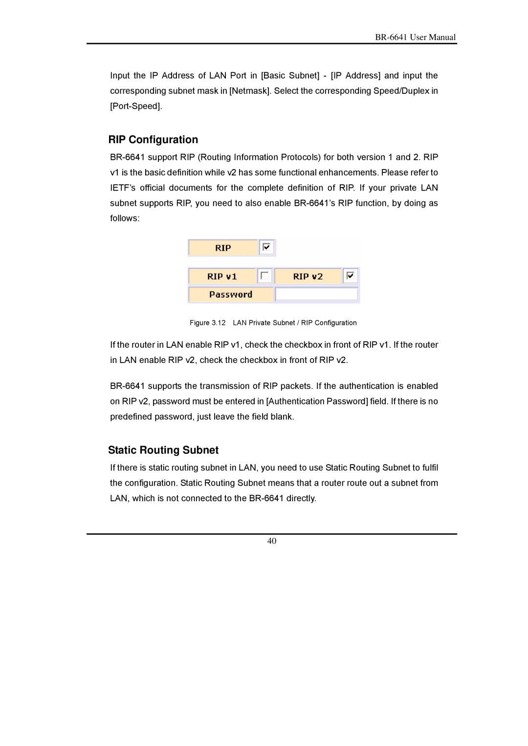 Edimax Technology BR-6641 user manual RIP Configuration, Static Routing Subnet 