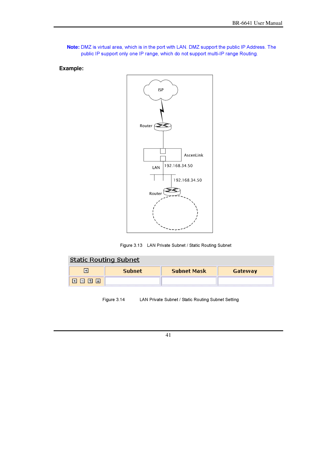 Edimax Technology BR-6641 user manual Example, LAN Private Subnet / Static Routing Subnet 