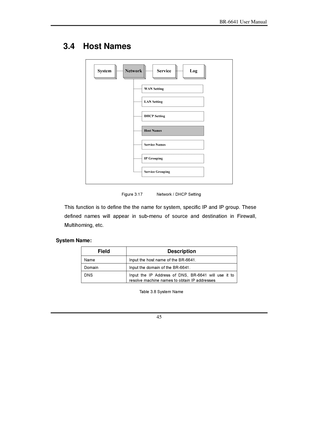 Edimax Technology BR-6641 user manual Host Names, System Name Field Description 