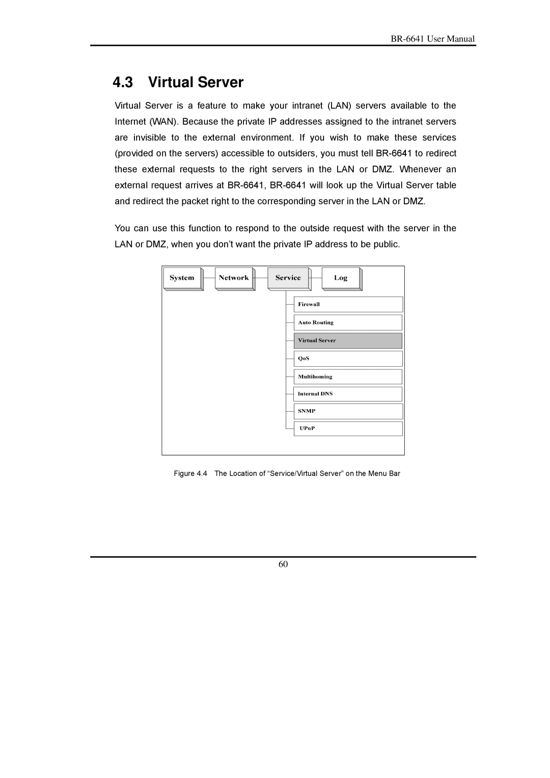 Edimax Technology BR-6641 user manual Location of Service/Virtual Server on the Menu Bar 