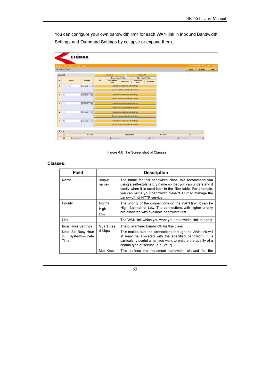 Edimax Technology BR-6641 user manual Classes Field Description, Screenshot of Classes 