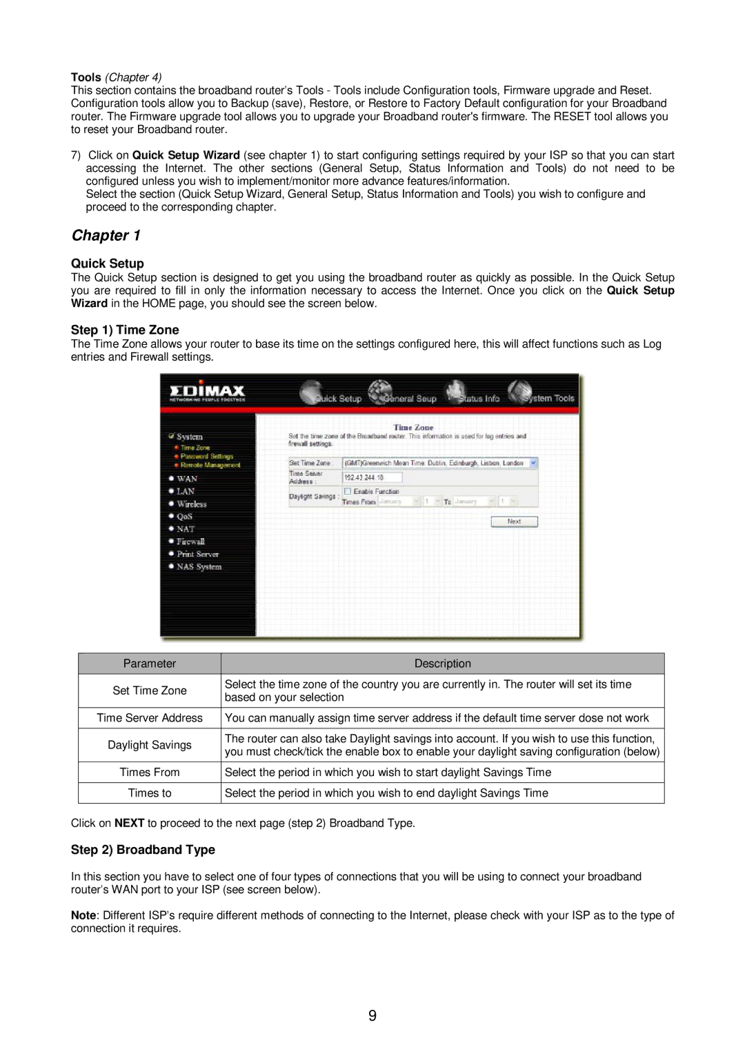 Edimax Technology Broadband Router manual Quick Setup, Time Zone, Broadband Type, Based on your selection 