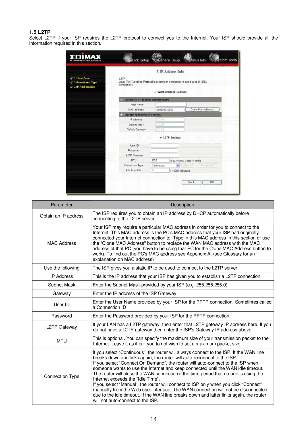 Edimax Technology Broadband Router manual Connecting to the L2TP server, Internet exceeds the Idle Time 